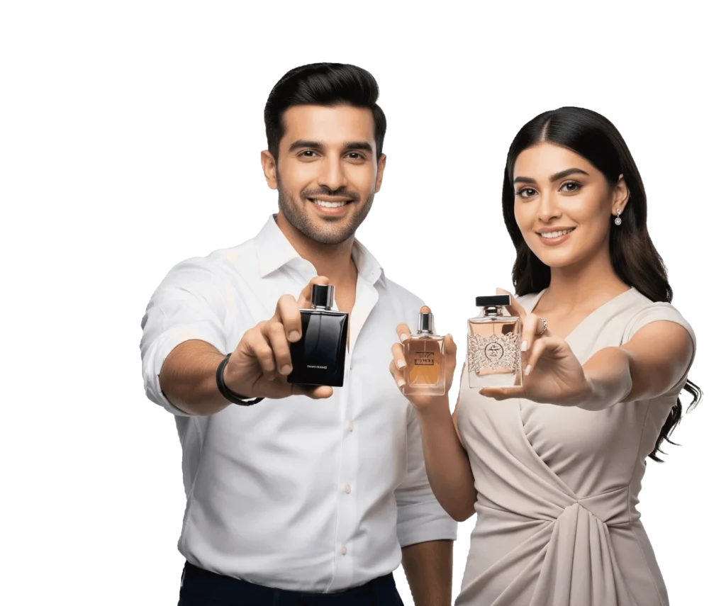 Pakistani couple showing perfumes