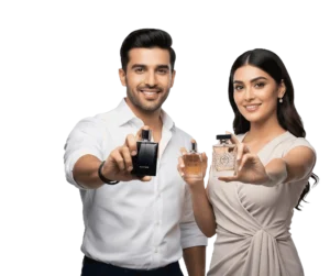 Pakistani couple showing perfumes