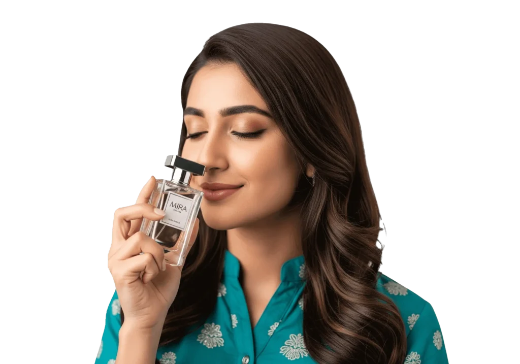 Pakistani woman smelling perfume
